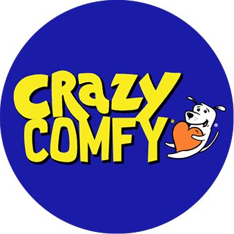 CRAZY COMFY in yellow on blue background with illustration of dog & heart