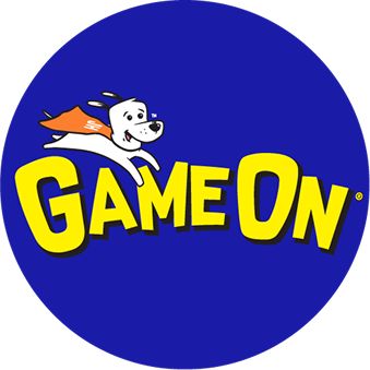GAME ON in yellow with blue background & dog illustration with dog flying with cape