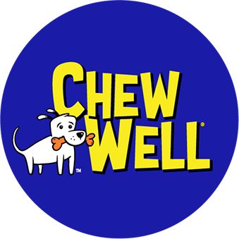 CHEW WELL in yellow on blue background with dog illustration of dog with bone in mouth