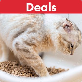 Deals callout on a red banner & a cat scratching at a litter box