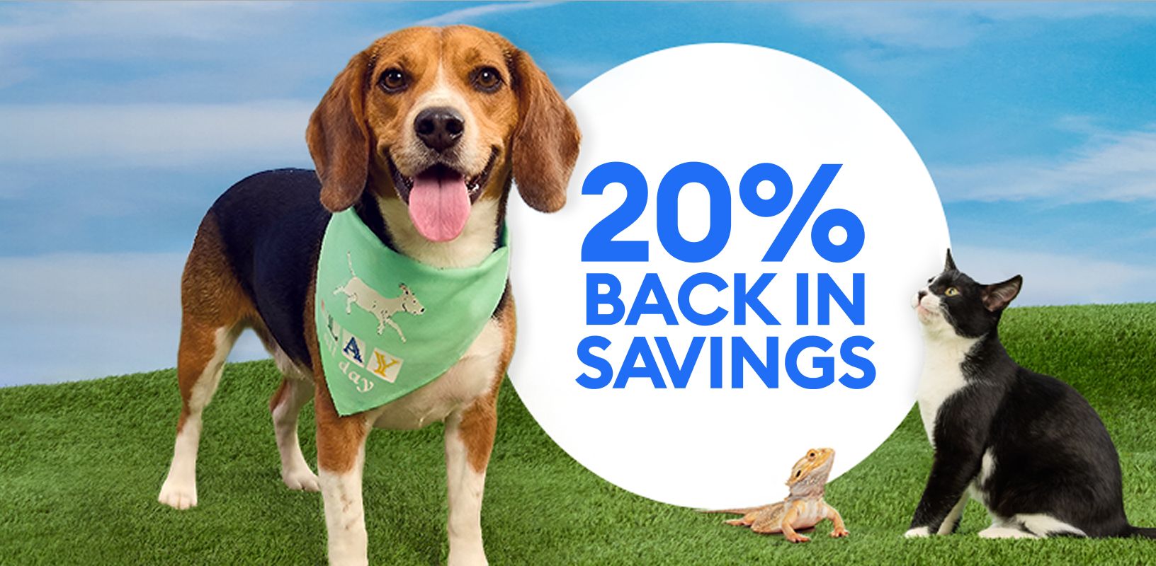 Beagle wearing a green bandana standing on grass next to a cat & hamster with a 20% back in savings callout