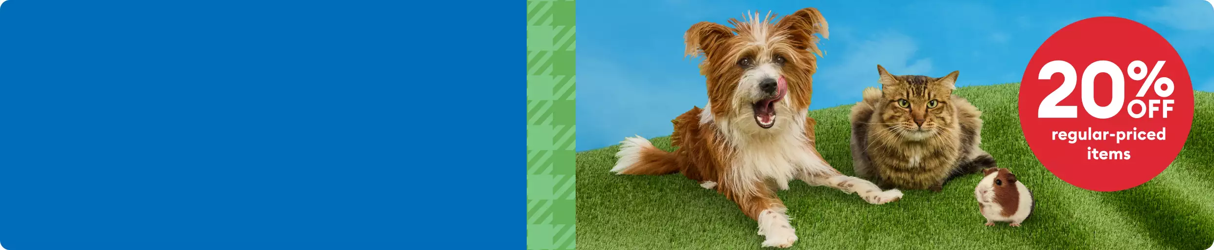Dog, cat & guinea pig sitting on grass with a callout that reads, 20% off regular-priced items
