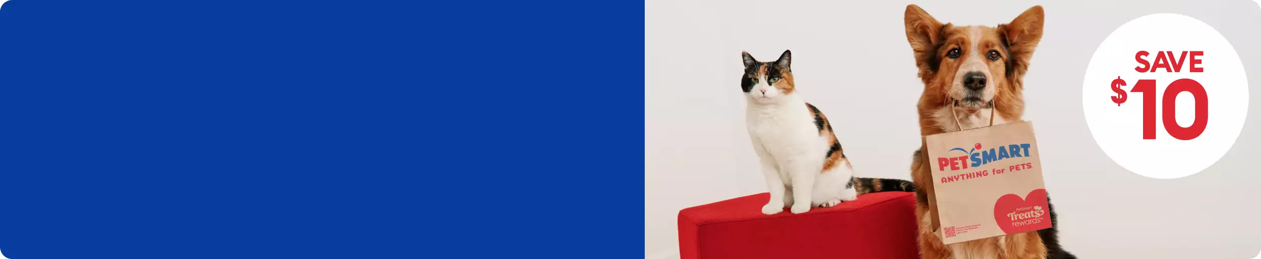 Dog holding a PetSmart shopping bag next to a cat on a red stool & a save $10 callout
