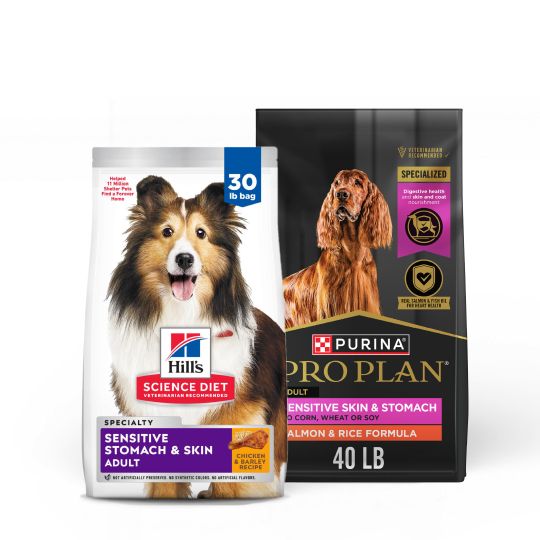 Bags of Hill's Science Diet & Purina Pro Plan dog food