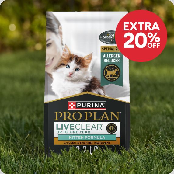 Extra 20% off callout & a bag of Purina Pro Plan cat food