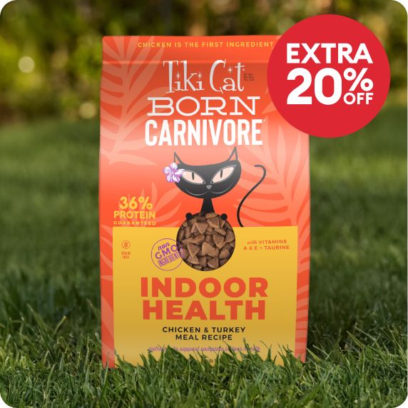 Extra 20% off callout & a bag of Tiki Cat Born Carnivore cat food