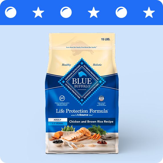 Blue stripe with ball & star graphics and a bag of Blue Buffalo dog food