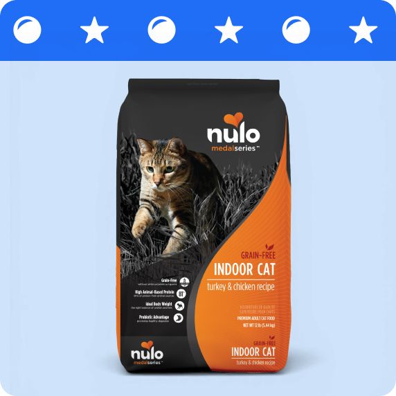 Blue stripe with ball & star graphics and a bag of Nulo cat food