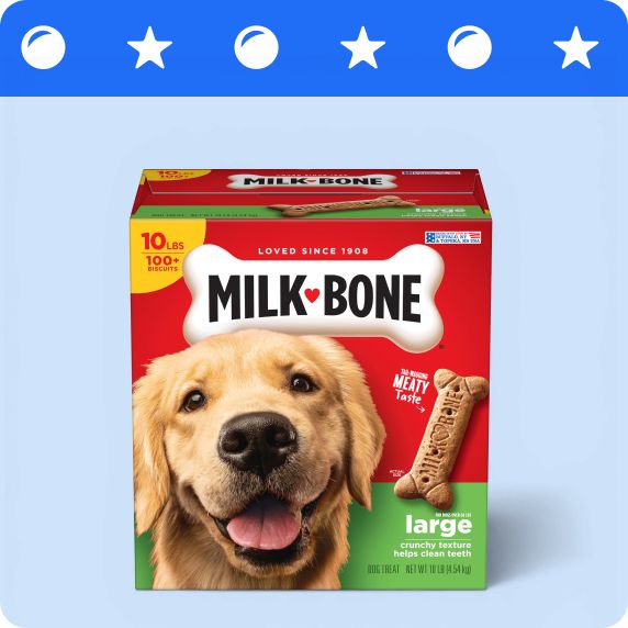 Blue stripe with ball & star graphics and a box of Milk-Bone dog treats