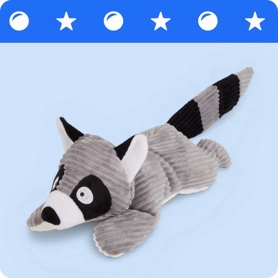 Blue stripe with ball & star graphics and a plush raccoon dog toy