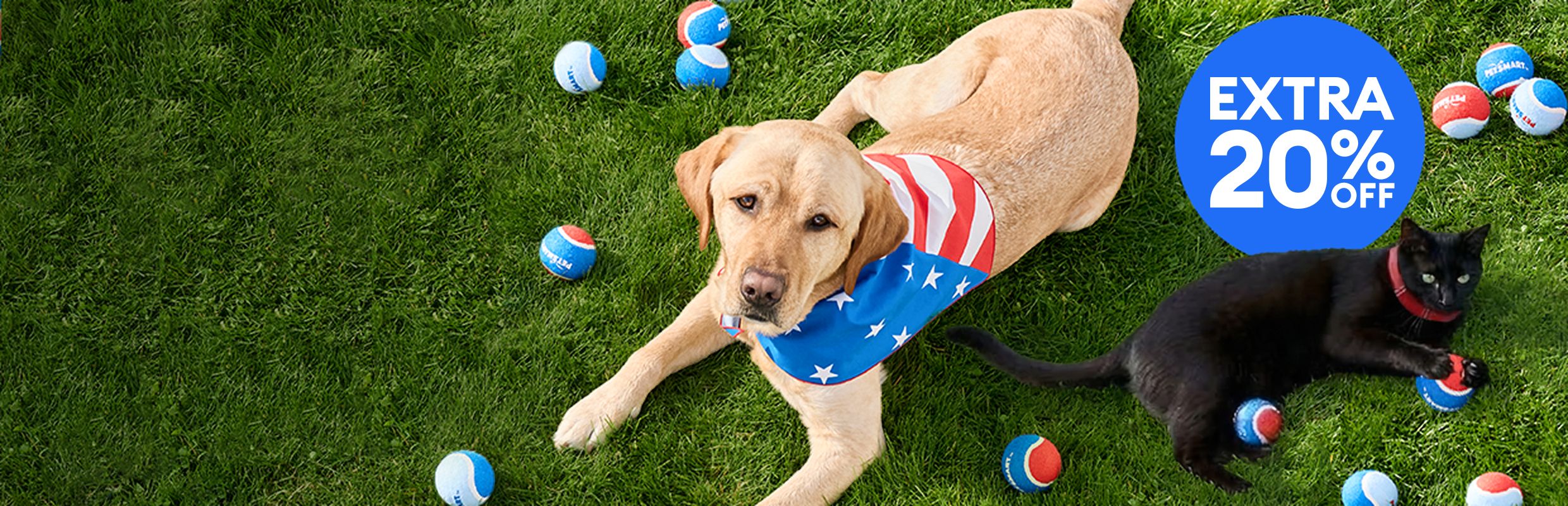 Dog wearing a red, white & blue bandana and black cat lying on grass surrounded by tennis balls, with text, Extra 20% off