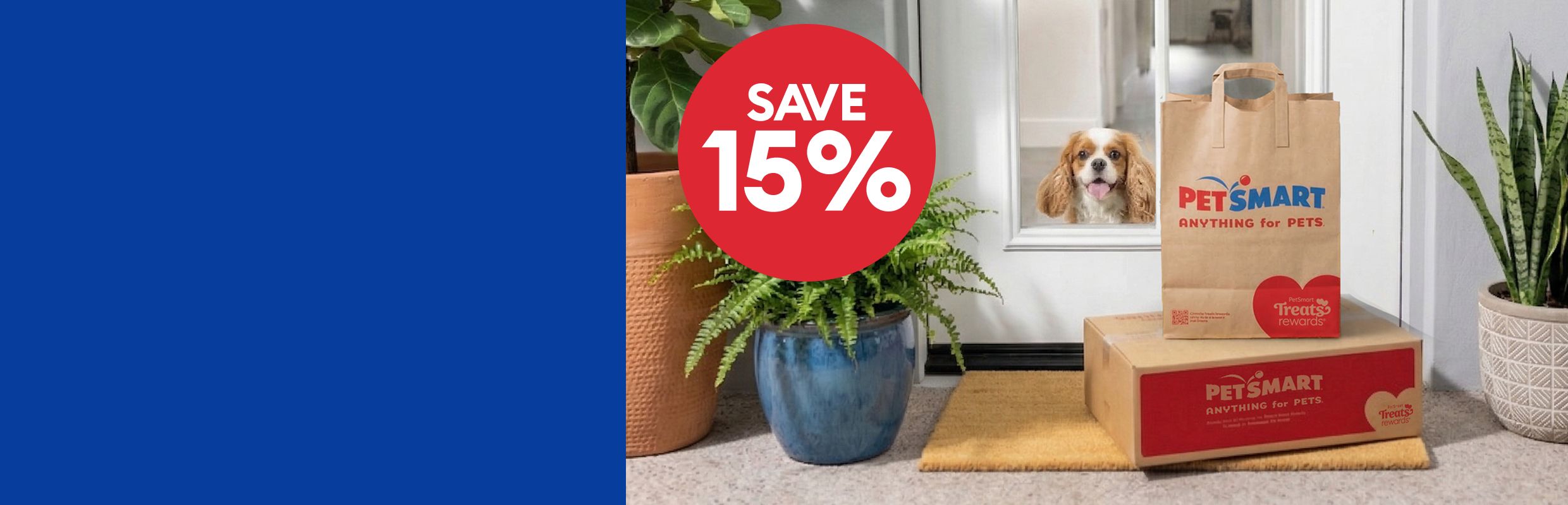 Small dog peeking out from behind a glass door next to PetSmart delivery boxes on a doorstep, with a red badge reading, Save 15%