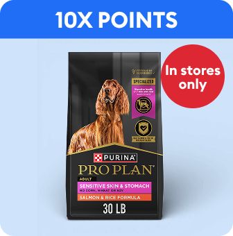 10X points text, in stores only callout & a bag of Purina Pro Plan dog food