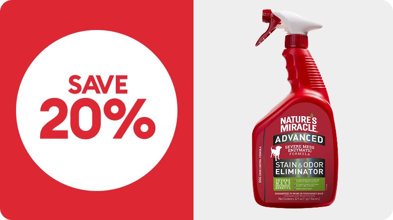 Save 20% callout and a spray bottle of Nature's Miracle stain & odor eliminator