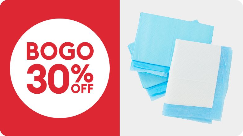 BOGO callout and a pile of blue and white dog pads