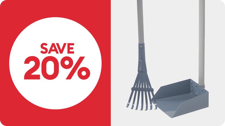 Save 20% callout, a lawn rake, and a lawn scoop