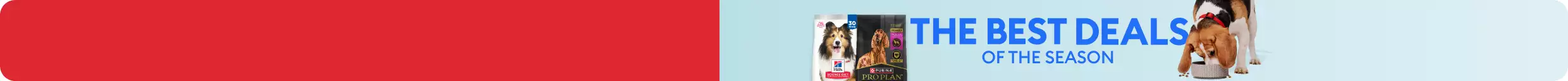 Two bags of dog food, a dog eating out of bowlon the floor & the message, The Best Deals of the Season