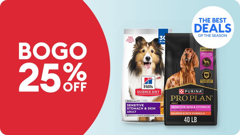 Bag of Purina Pro Plan dog food & the callouts, BOGO 25% OFF and The Best Deals of the Season