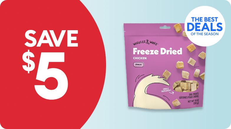 Bag of Wiggles & Wags dog treats & the callouts, Save $5 and The Best Deals of the Season
