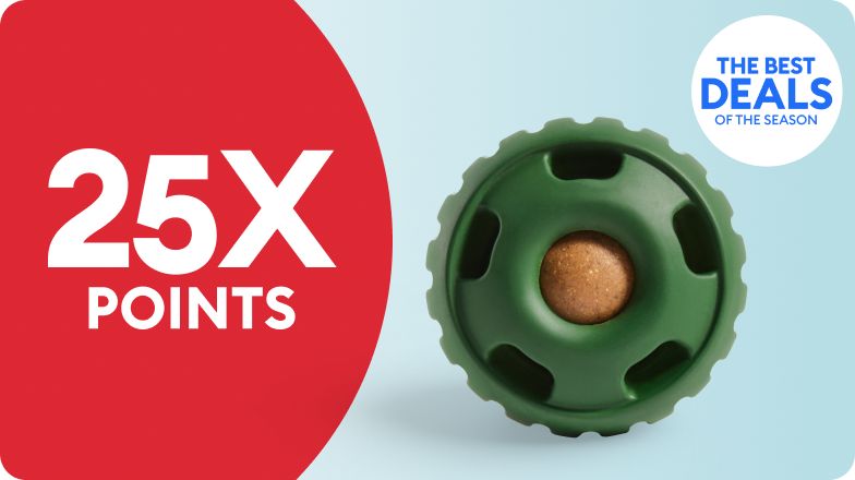 25X points callout, The Best Deals of the Season badge & a dog toy