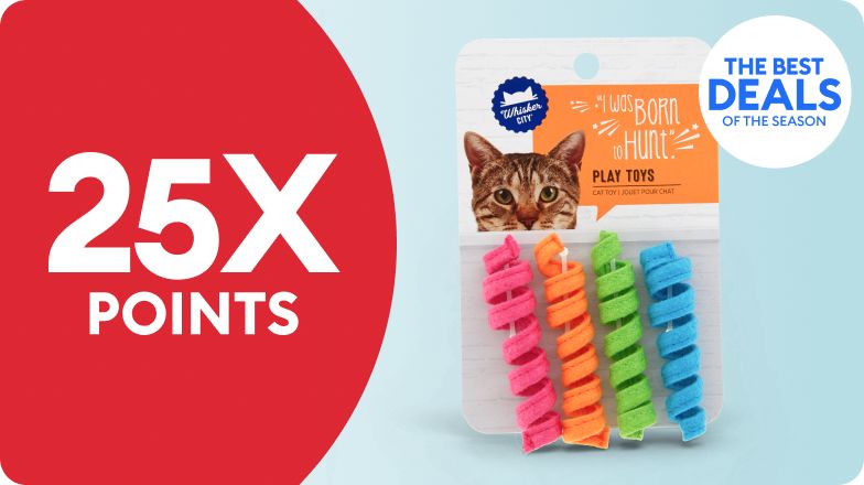 25X points callout, The Best Deals of the Season badge & cat toys
