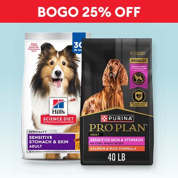Bag of Purina Pro Plan dog food & the callout, BOGO 25% OFF