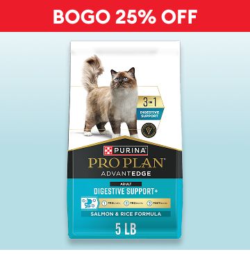 Bag of Purina Pro Plan cat food & the callout, BOGO 25% OFF