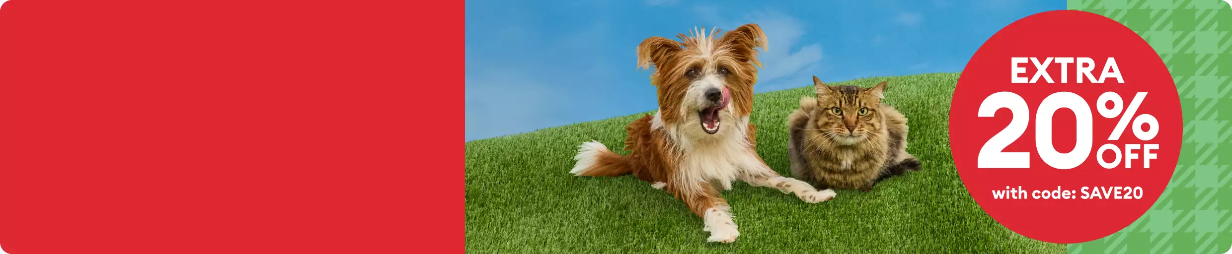 Dog & cat lying on grass with text, Extra 20% off with code SAVE20