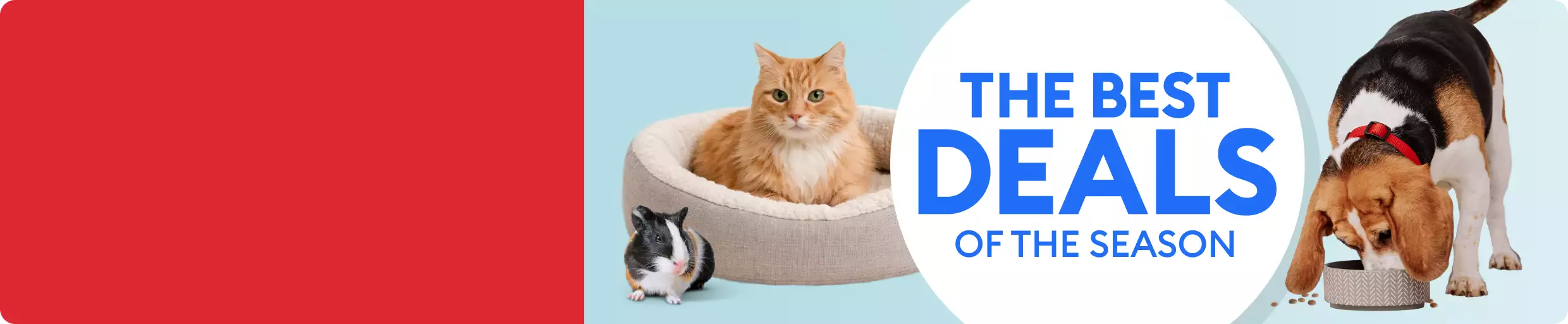 Cat in a bed and dog eating from a bowl with text, The best deals of the season