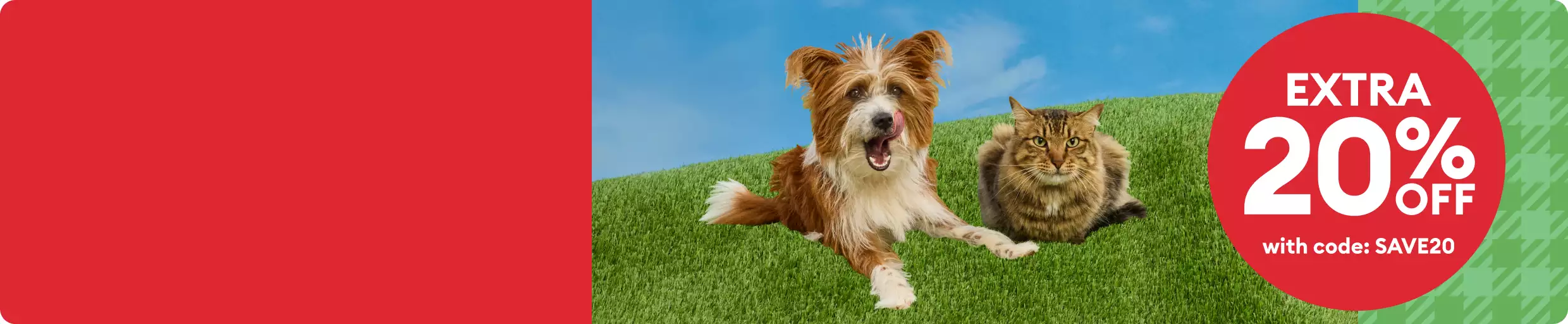 Dog & cat lying on grass with text, Extra 20% off with code SAVE20