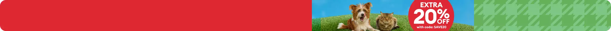 Dog & cat lying on grass with text, Extra 20% off with code SAVE20