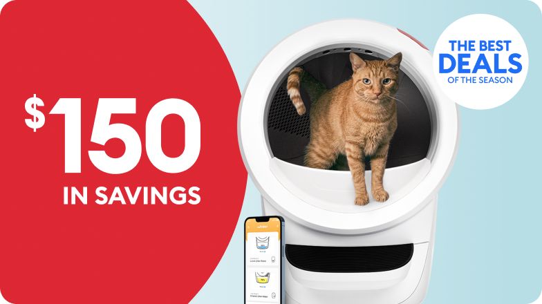 Cat stepping out of a Litter-Robot & the callouts, $150 in savings and The Best Deals of the Season