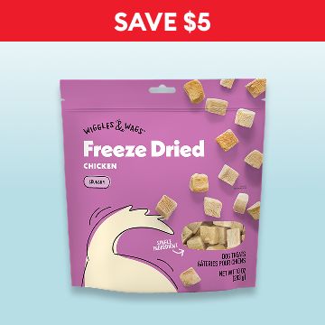 Wiggles & Wags dog treats & the callout, Save $5