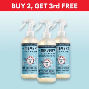 Mrs. Meyer's Clean Day Pet Odor Neutralizer & Air Freshener and the callout, BUY 2, GET 3rd FREE