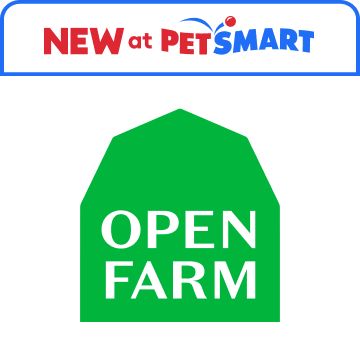 Open Farm logo and New at PetSmart lockup