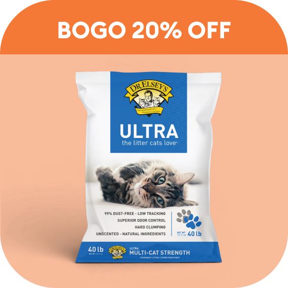 Cat litter Ultra bogo savings cat laying down orange background