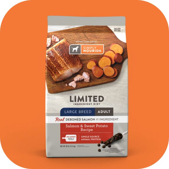 Large dry food bag of Simply Nourish orange background salmon and sweet potato