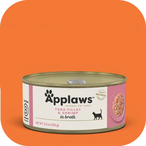 Applaws can of tuna fillet and shrimp in broth orange background