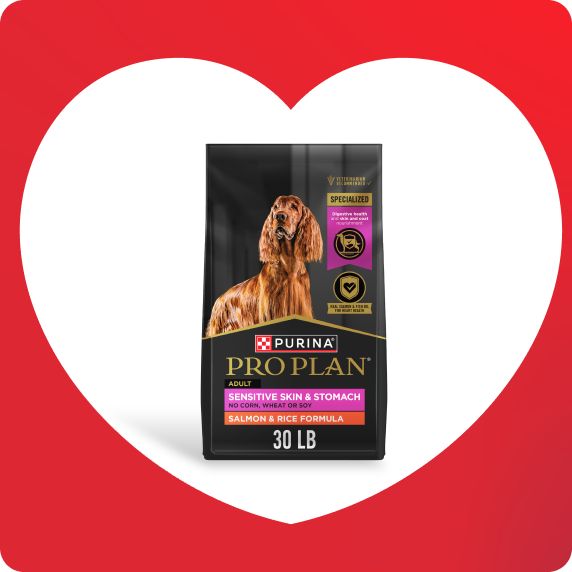 Bag of Purina Pro Plan dog food on a white heart background