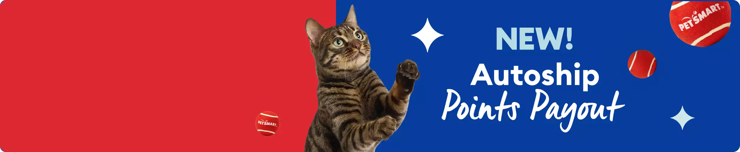 Blue banner with a tabby cat reaching upward with the text, NEW! Autoship Points Payout, and red balls