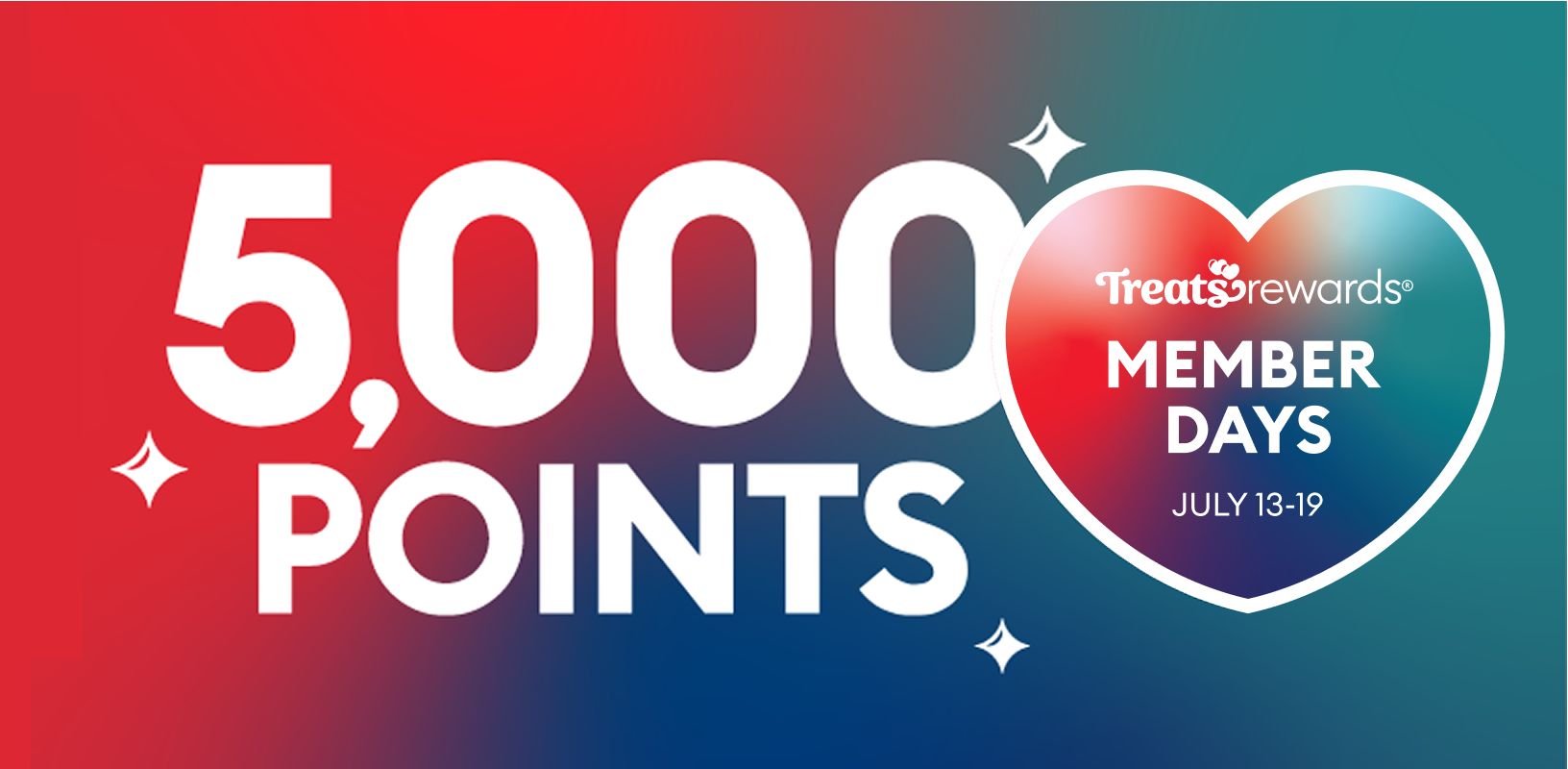 5,000 points callout with white sparkle & Treats Rewards Member Days July 13-19 message in a heart graphic