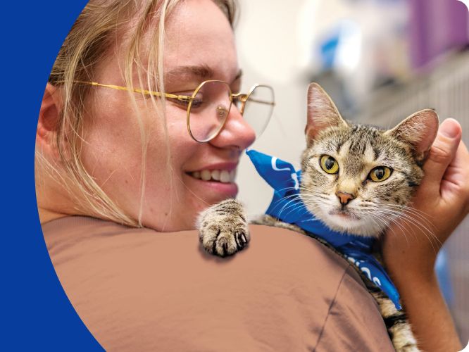 Girl wearing glasses holding a cat with a blue bandana