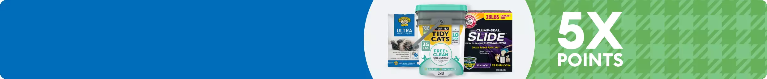 Variety of 3 cat litter products with 5X POINTS on green plaid