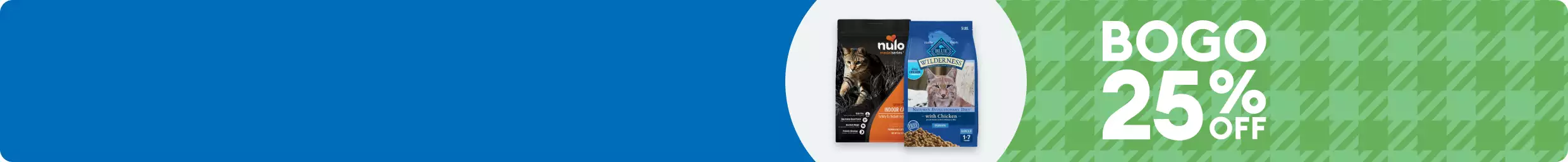 Nulo & Blue Wildnerness cat food bags with BOGO 25% OFF on green plaid