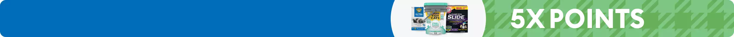 Variety of 3 cat litter products with 5X POINTS on green plaid