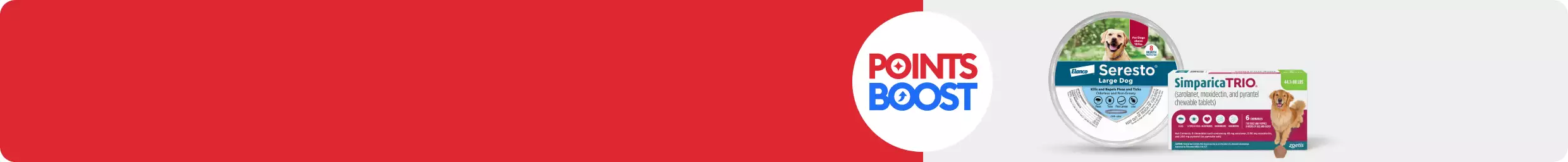 POINTS BOOST badge with Seresto & Simparica dog flea & tick products