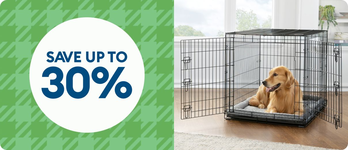 A dog laying in an open wire crate & save up to 30% callout