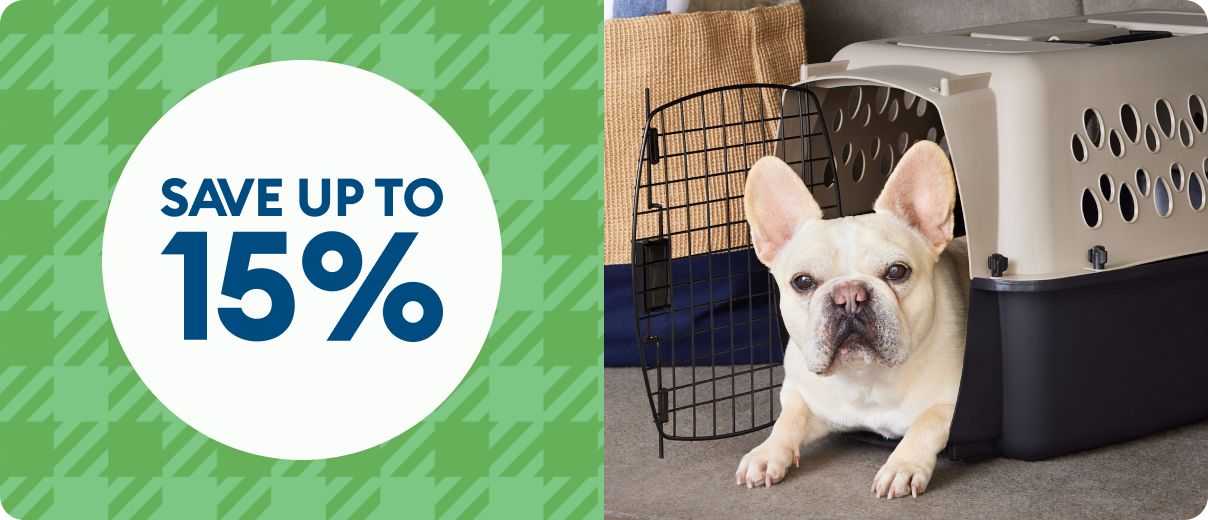 Small white dog laying in an open plastic travel carrier & save up to 15% callout