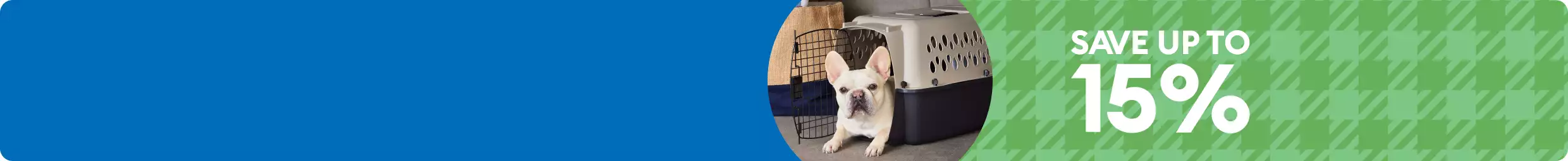 Small white dog laying in an open plastic travel carrier & save up to 15% callout