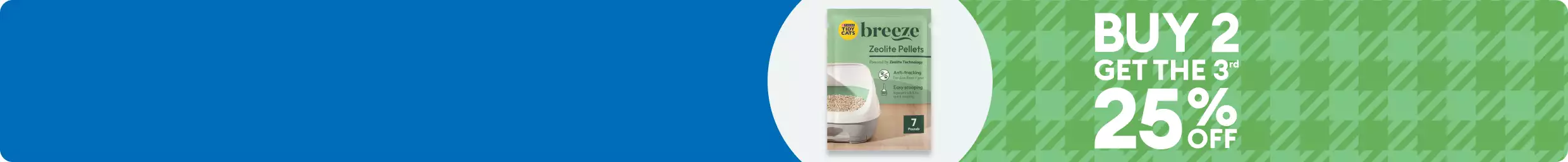 Package of Tidy Cats Breeze zeolite pellets & buy 2, get the 3rd 25% OFF callout